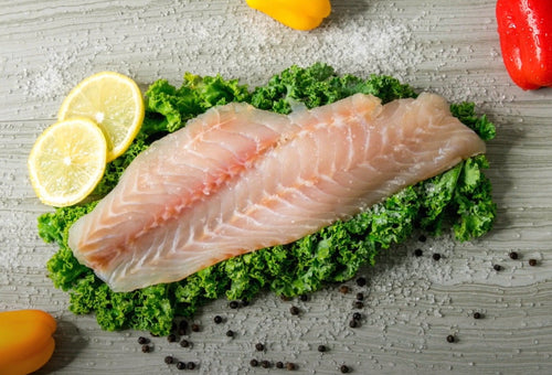 Raw Grouper fillets on a bed of greens with lemon slices and peppers on a wooden surface