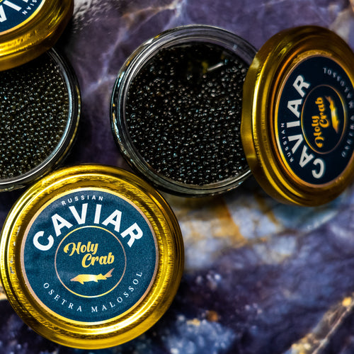 Osetra Malossol Caviar 50g tin – premium black sturgeon roe with firm, glistening pearls, rich buttery nutty flavor, fresh gourmet caviar for fine dining and luxury seafood lovers.
