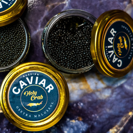 Osetra Malossol Caviar 50g tin – premium black sturgeon roe with firm, glistening pearls, rich buttery nutty flavor, fresh gourmet caviar for fine dining and luxury seafood lovers.