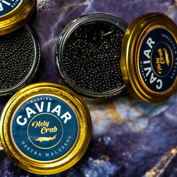 Osetra Malossol Caviar 50g tin – premium black sturgeon roe with firm, glistening pearls, rich buttery nutty flavor, fresh gourmet caviar for fine dining and luxury seafood lovers.