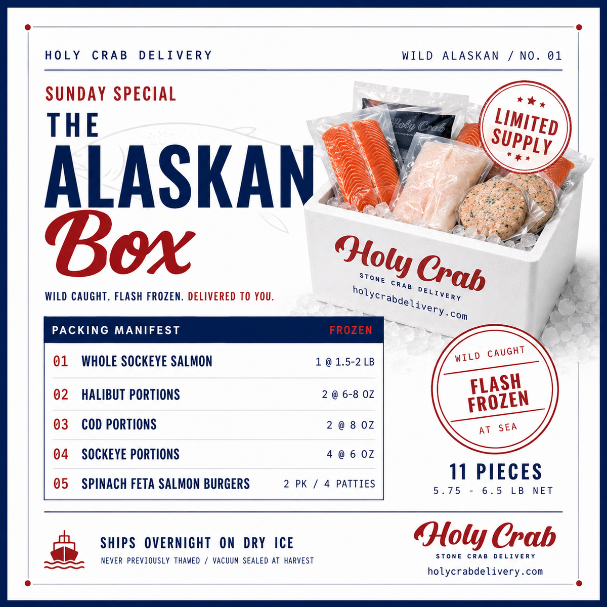Holy Crab Delivery 'The Alaskan Box' Sunday Special package containing 11 pieces of flash-frozen wild-caught Alaskan Seafood: Sockey Salmon, Halibut, Cod, Spinach-Feta Salmon Burgers. The white styrofoam box is shown filled with packaged seafood, alongside a detailed packing manifest and shipping information on a white and navy blue graphic background.