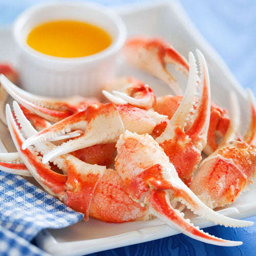 Snow Crab Claws on a white plate with a side of butter
