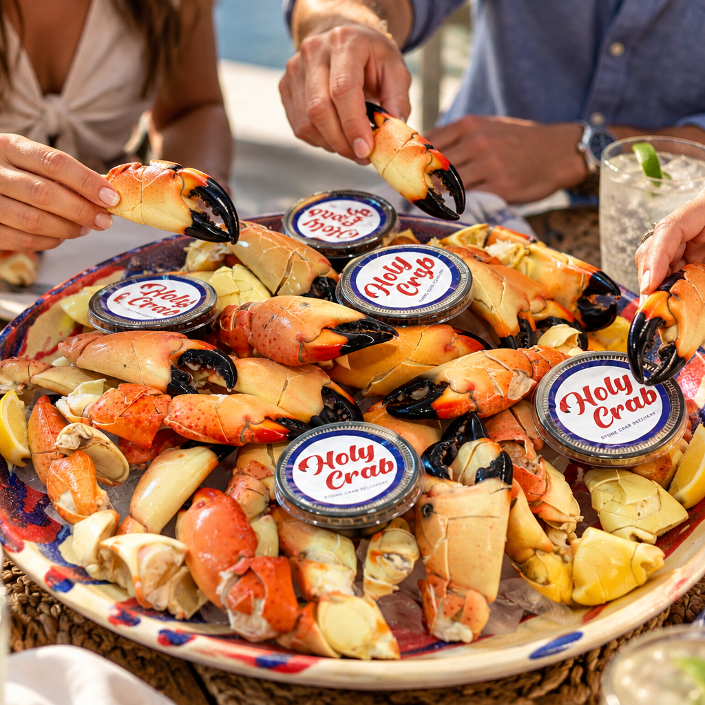 A large platter of cooked lobster and crab legs on a table, surrounded by people reaching in with claws. Several small round signs reading 'Holy Crab' are placed on the food.