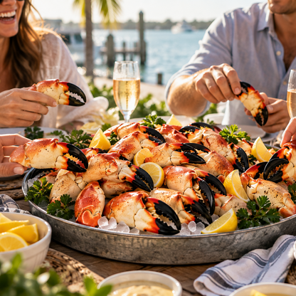 A large metal platter of cooked lobster claws and mussels on ice, garnished with lemon wedges and parsley, set on a dining table with people reaching for pieces while wine glasses and plates are visible around it.