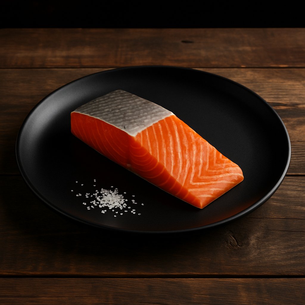 Raw Wild Alaskan King Salmon 8 oz - 12 fillet on a black plate with salt on a wooden surface 